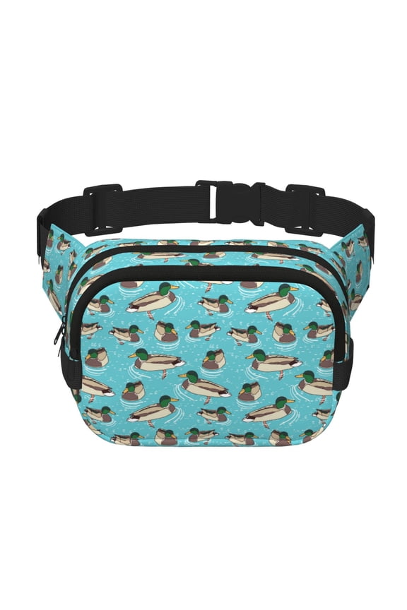 Mallard Ducks Swimming In The Lake Pattern Square Double Layer Waist Bag, Durable Twill Fabric Waist Pack with Adjustable Belt,Outdoor Hiking, Running, Travel Waist Bag