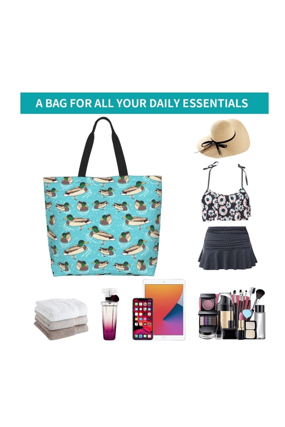 Mallard Ducks Swimming In The Lake Print Reusable Grocery Bags - Washable, Foldable, Packable Tote, Large Handles, Heavy Duty, Zippered Top Pouch