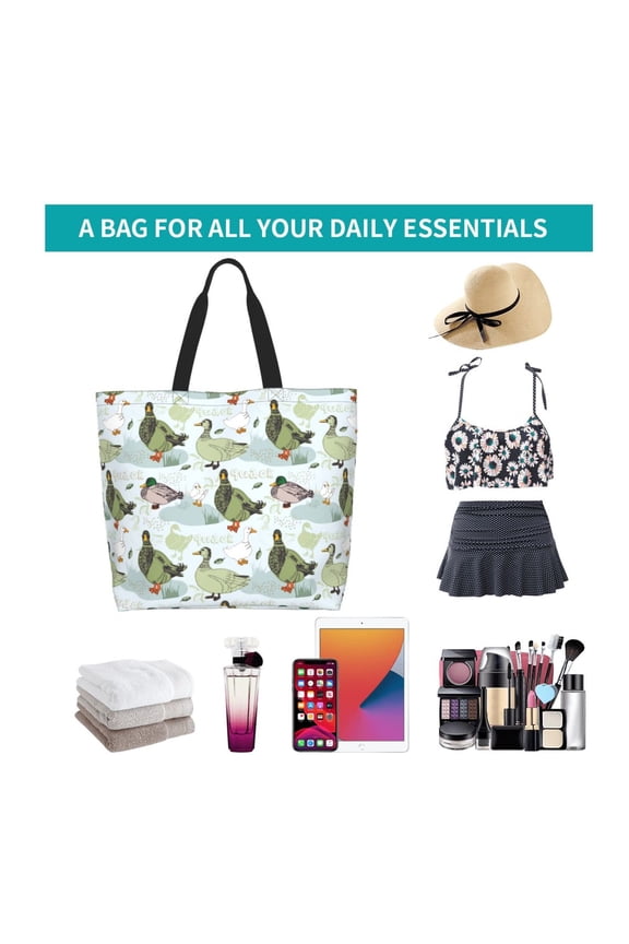 Mallard Ducks Wild Birds Print Reusable Grocery Bags - Washable, Foldable, Packable Tote, Large Handles, Heavy Duty, Zippered Top Pouch