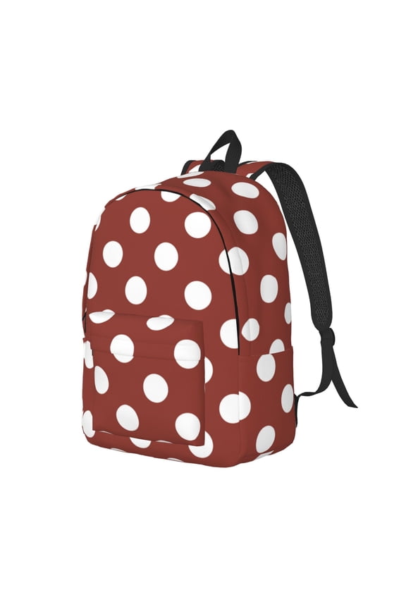 Maroon And White Polka Dot Print Canvas Backpack for Women & Men Retro Aesthetic Rucksack Basic Backpack for High School/College Students Travel Laptop Bag