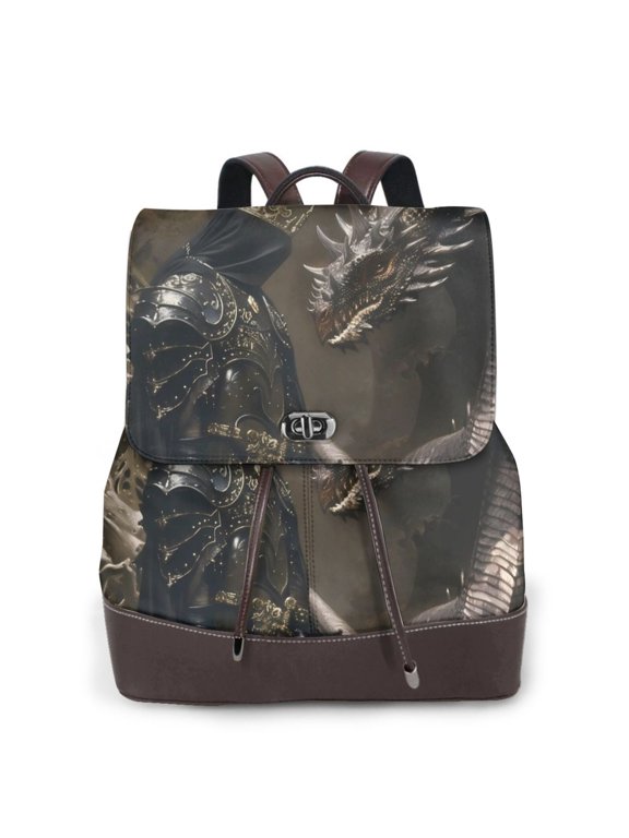 Medieval Knight And Dragon Pattern Womens Backpack Purse Leather Backpack Purse for Women Travel Fashion Backpack Designer Ladies Shoulder Bags