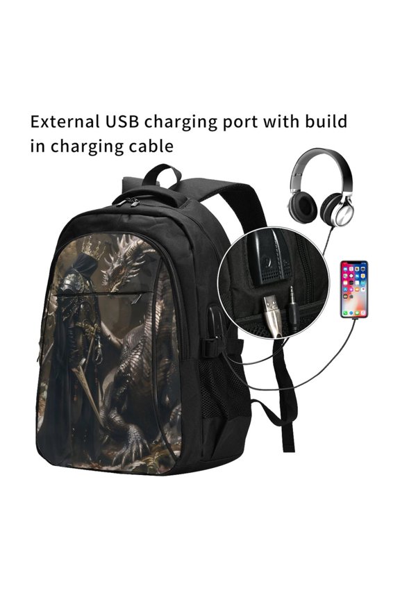 Medieval Knight And Dragon Print Travel Laptop Backpack,Slim Sturdy Laptops Backpack with USB Charging Port, Water Resistant College School Computer Bag
