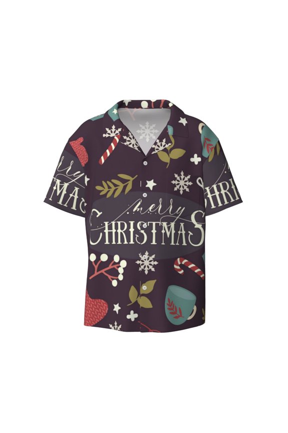 Merry Christmas Print Mens Casual Short Sleeve Shirts Button Down Textured Shirts Summer Beach Shirt with Pocket Men's Casual Short-sleeved Shirt