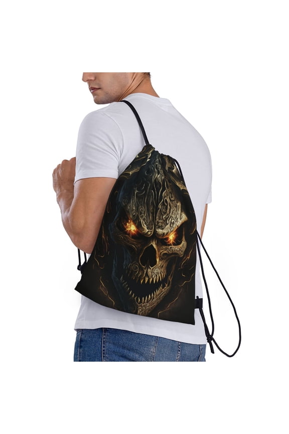 Metal Evil Skull Print Drawstring Backpack Bag Sport Gym Sackpack Heavy Duty String Backpack for Men Women