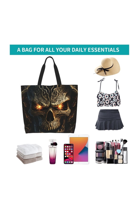 Metal Evil Skull Print Reusable Grocery Bags - Washable, Foldable, Packable Tote, Large Handles, Heavy Duty, Zippered Top Pouch