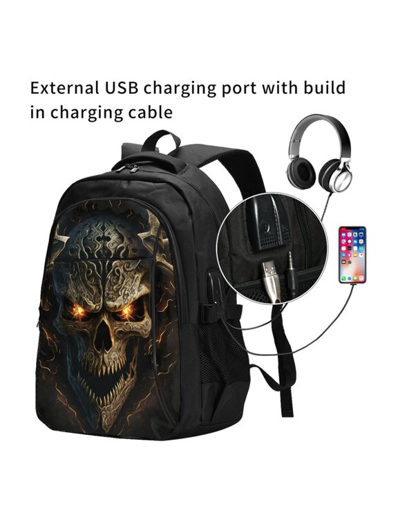 Metal Evil Skull Print Travel Laptop Backpack,Slim Sturdy Laptops Backpack with USB Charging Port, Water Resistant College School Computer Bag