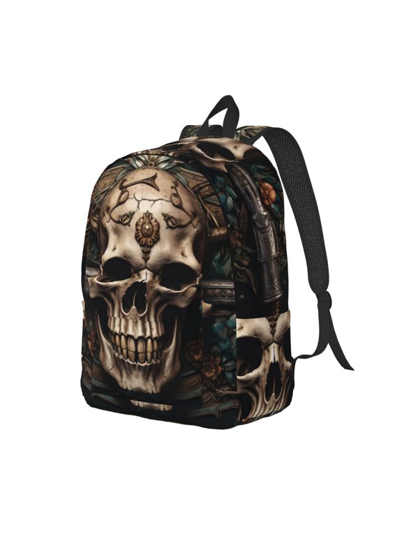 Metal Style Horned Skull Print Canvas Backpack for Women & Men Retro Aesthetic Rucksack Basic Backpack for High School/College Students Travel Laptop Bag