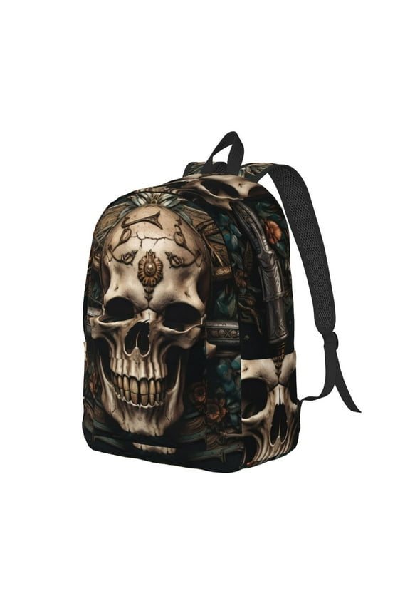 Metal Style Horned Skull Print Canvas Backpack for Women & Men Retro Aesthetic Rucksack Basic Backpack for High School/College Students Travel Laptop Bag