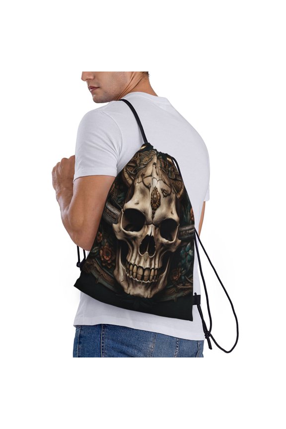 Metal Style Horned Skull Print Drawstring Backpack Bag Sport Gym Sackpack Heavy Duty String Backpack for Men Women