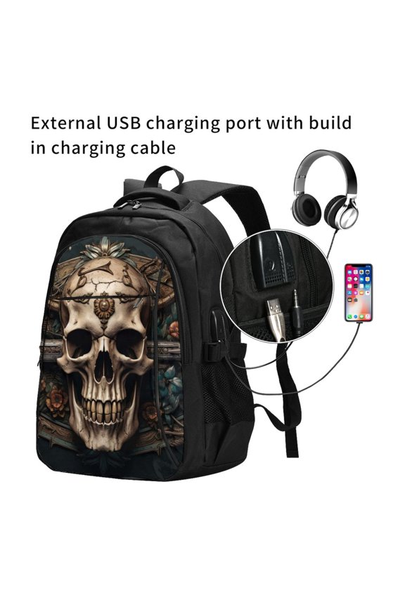 Metal Style Horned Skull Print Travel Laptop Backpack,Slim Sturdy Laptops Backpack with USB Charging Port, Water Resistant College School Computer Bag