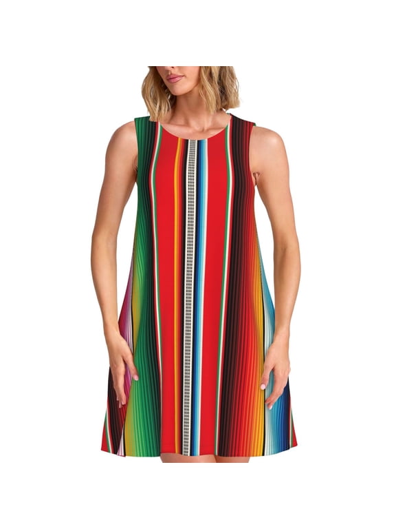 Mexican Serape Blanket Stripes Pattern Women's Sleeveless Dress - Casual Summer Dress with Pockets, Above Knee Length, Round Neck, Ideal for Beach, Vacation, Work