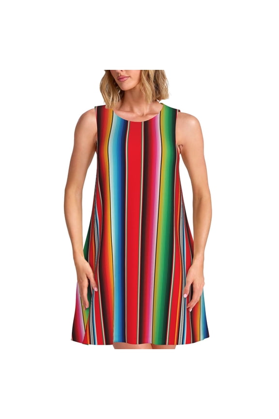 Mexican Serape Blanket Stripes Pattern Women's Sleeveless Dress - Casual Summer Dress with Pockets, Above Knee Length, Round Neck, Ideal for Beach, Vacation, Work