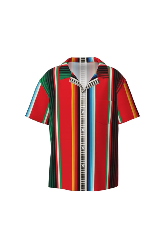 Mexican Serape Blanket Stripes Print Mens Casual Short Sleeve Shirts Button Down Textured Shirts Summer Beach Shirt with Pocket Men's Casual Short-sleeved Shirt