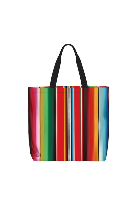 Mexican Serape Blanket Stripes Print Reusable Grocery Bag Shopping Bags with Zipper Shoulder Shopping Handle Bag Suitable for Outdoor Convenient Daily Bag