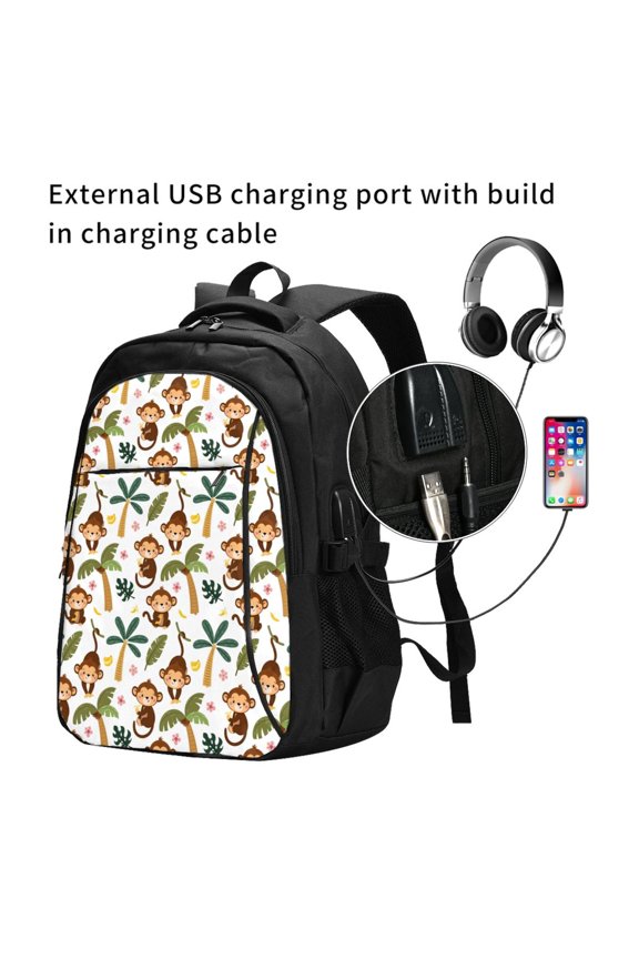 Monkeys Swinging from Palms Print Travel Laptop Backpack,Slim Sturdy Laptops Backpack with USB Charging Port, Water Resistant College School Computer Bag