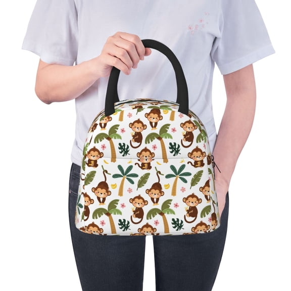 Ratiio Monkeys Swinging from Palms Print Insulated Lunch Bag Women Reusable Lunch Box with Pocket for Work Picnic Travel