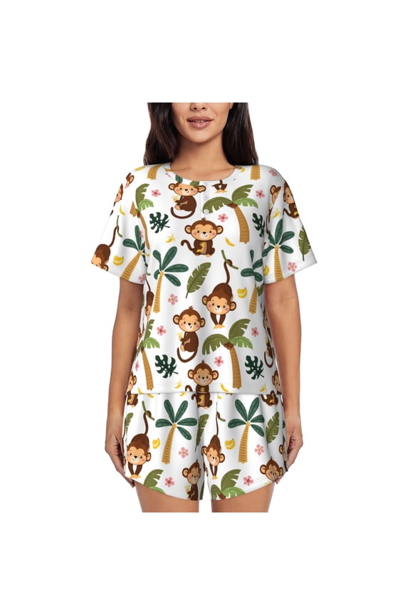 Monkeys Swinging from Palms Print Womens Pajama Sets 2 Piece Soft Short Sleeve Top and Shorts Sleepwear Round Neck Pjs Lounge Set
