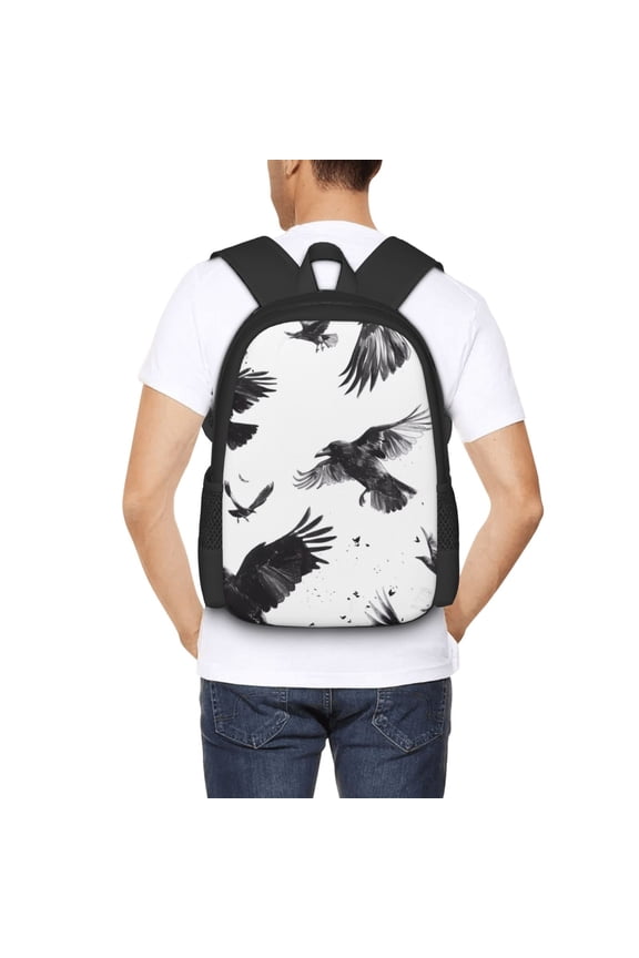 Monochrome Flying Ravens Backpack for Men and Women - Durable 600D Oxford Cloth -Large Capacity, Water-Resistant School, Travel, and Hiking Bag