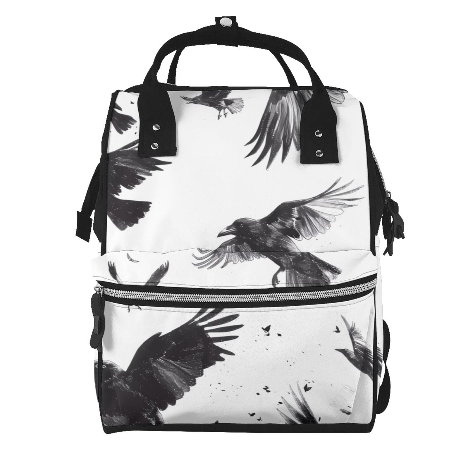 Ratiio Monochrome Flying Ravens Mummy Backpack - Waterproof Twill Canvas, Large Capacity Diaper Bag with Multiple Pockets and Adjustable Straps