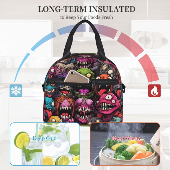 Ratiio Monstrous Cartoon Characters Pattern Lunch Bag ,Insulated Lunch Box, Small Leakproof Cooler Food Lunch Containers Reusable High Capacity Lunch Tote Bags