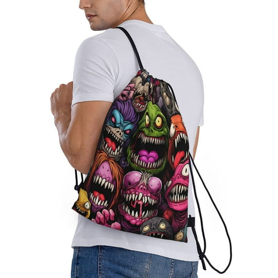 Ratiio Monstrous Cartoon Characters Print Drawstring Backpack Bag Sport Gym Sackpack Heavy Duty String Backpack for Men Women