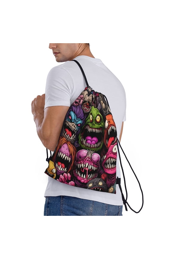 Monstrous Cartoon Characters Print Drawstring Backpack Bag Sport Gym Sackpack Heavy Duty String Backpack for Men Women