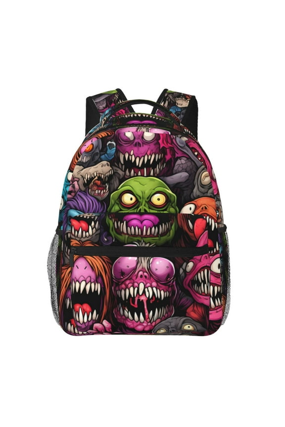 Monstrous Cartoon Characters Print Eco-Friendly Casual Backpack, Water-Resistant Polyester Canvas Daypack with Smooth Zippers, Comfortable & Durable Travel Bag with Laptop Compartment