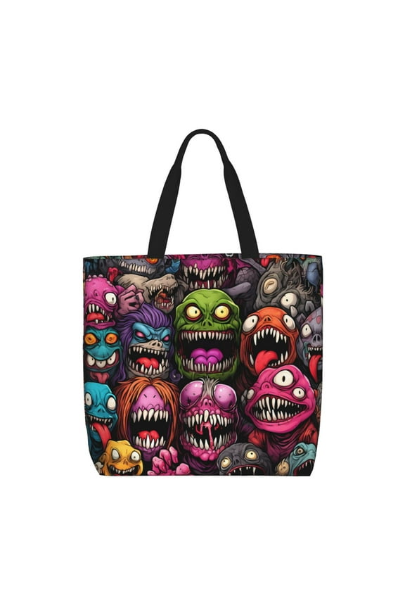 Monstrous Cartoon Characters Print Reusable Grocery Bag Shopping Bags with Zipper Shoulder Shopping Handle Bag Suitable for Outdoor Convenient Daily Bag