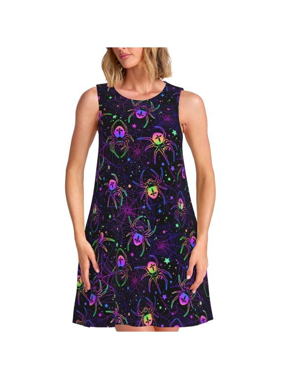 Multi-colored Spiders Pattern Women's Sleeveless Dress - Casual Summer Dress with Pockets, Above Knee Length, Round Neck, Ideal for Beach, Vacation, Work