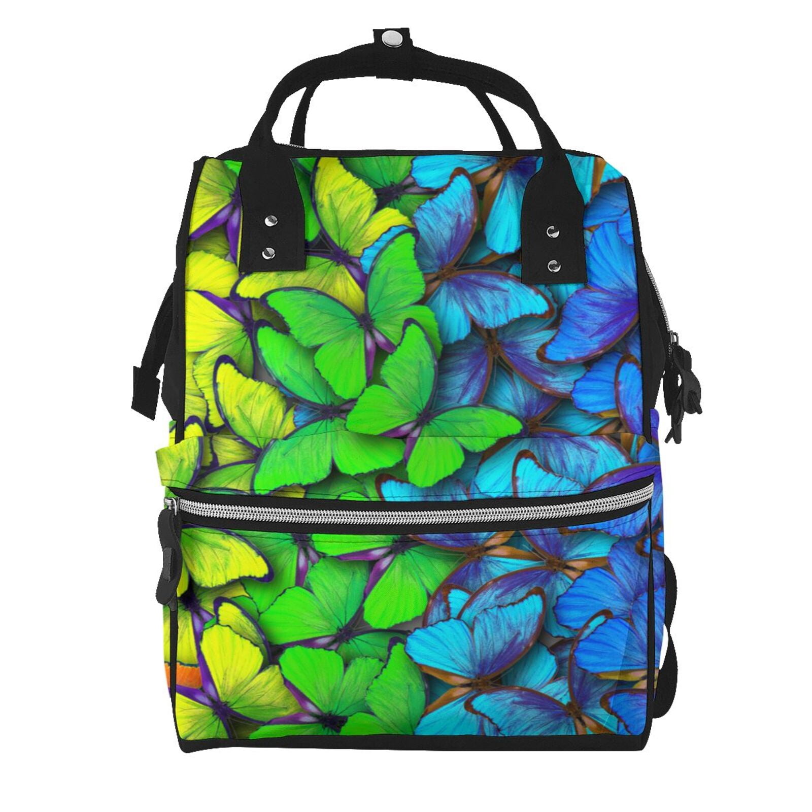 Ratiio Multicolored Butterflies Mummy Backpack - Waterproof Twill Canvas, Large Capacity Diaper Bag with Multiple Pockets and Adjustable Straps