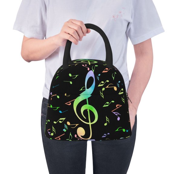 Ratiio Music Notes Print Insulated Lunch Bag Women Reusable Lunch Box with Pocket for Work Picnic Travel
