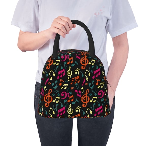 Ratiio Music Notes Print Insulated Lunch Bag Women Reusable Lunch Box with Pocket for Work Picnic Travel