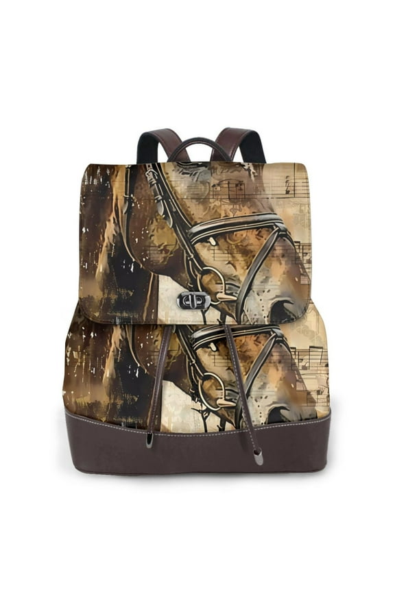 Musical Horse Vintage Collage Pattern Womens Backpack Purse Leather Backpack Purse for Women Travel Fashion Backpack Designer Ladies Shoulder Bags