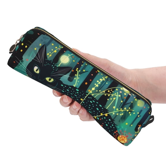 Ratiio Mystical Black Cat Fireflies Pattern Leather Pencil Case, Pencil Pouch with Durable Zipper, Compact and Stylish Organizer for Stationery, Art Supplies, Travel Essentials