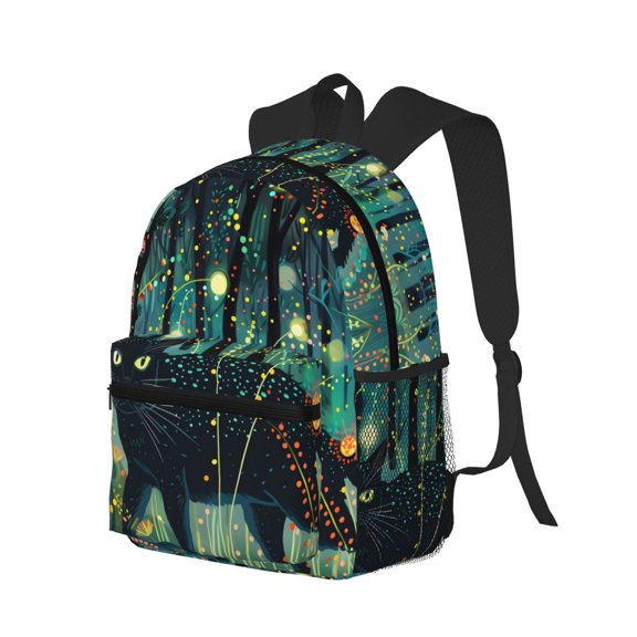 Ratiio Mystical Black Cat Fireflies Print Casual Backpack for Men and Women, Water Resistant Oxford Fabric School Bag Lightweight Travel Daypack