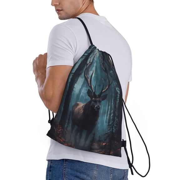 Ratiio Mystical Forest Elk Print Drawstring Backpack Bag Sport Gym Sackpack Heavy Duty String Backpack for Men Women