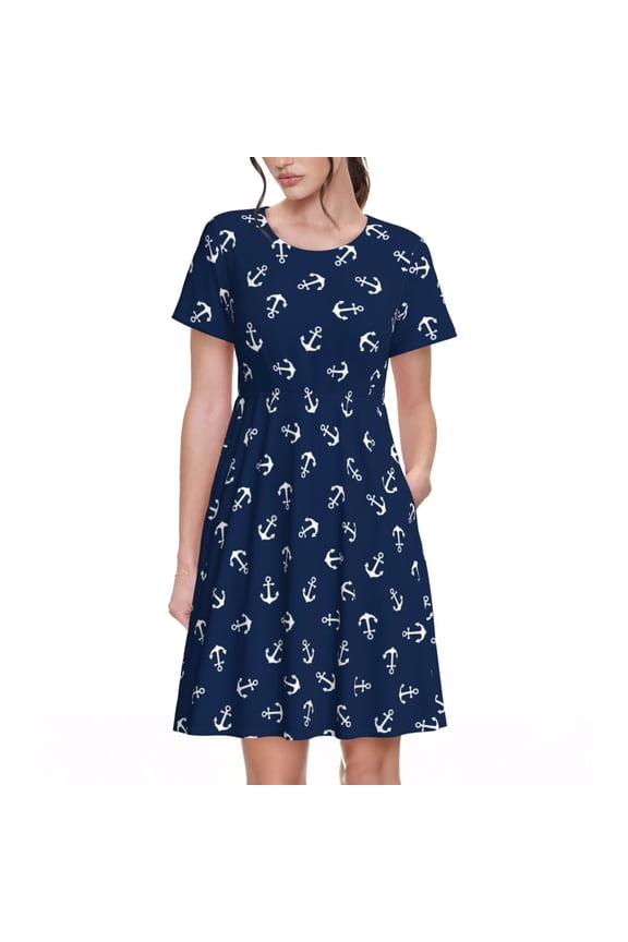 Nautical Themed Simple Anchors Print Women's Short Sleeve Dress - Casual A-Line Dress with Side Pockets, Elastic Waist, Comfortable and Breathable Summer Dress