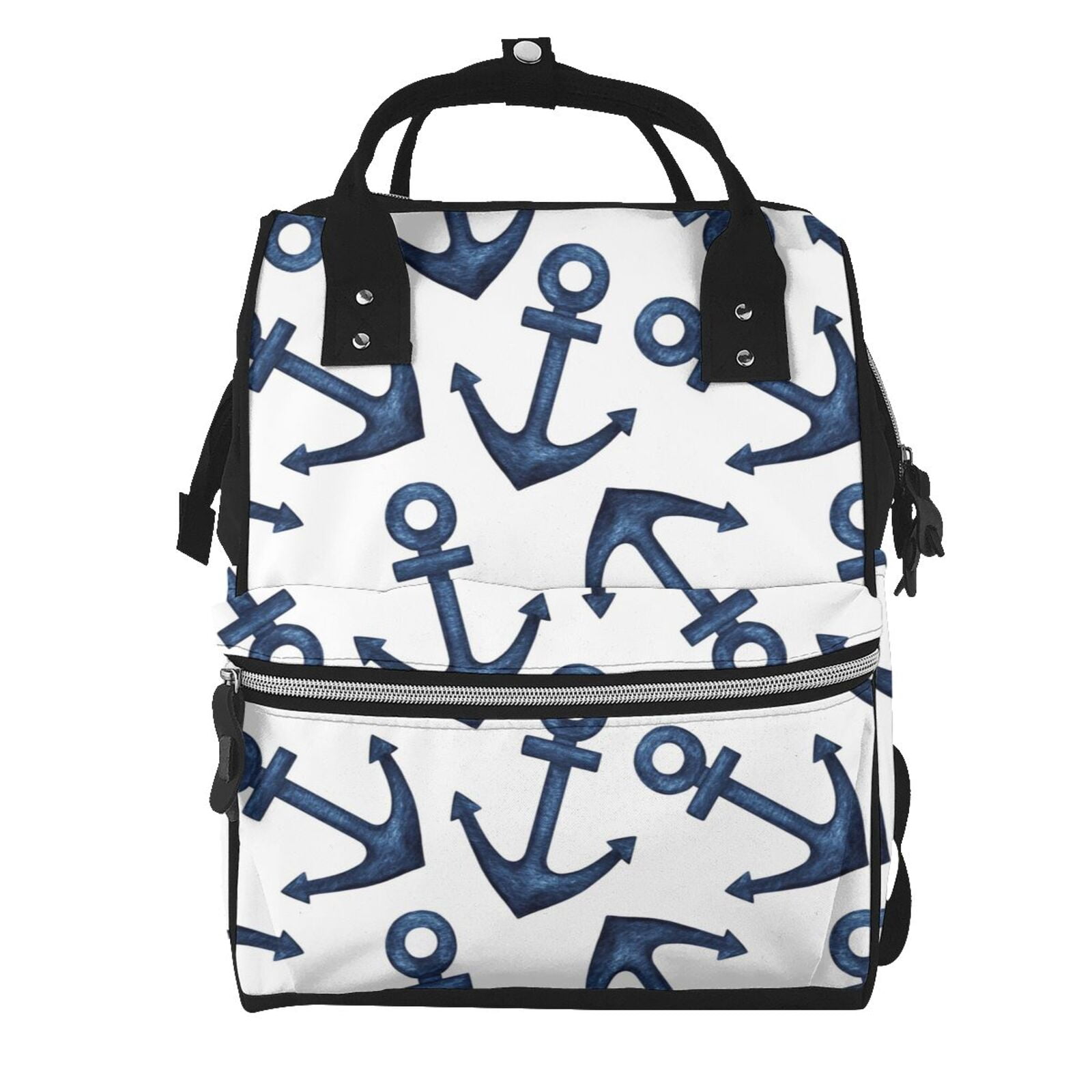 Ratiio Navy Blue Anchors Mummy Backpack - Waterproof Twill Canvas, Large Capacity Diaper Bag with Multiple Pockets and Adjustable Straps