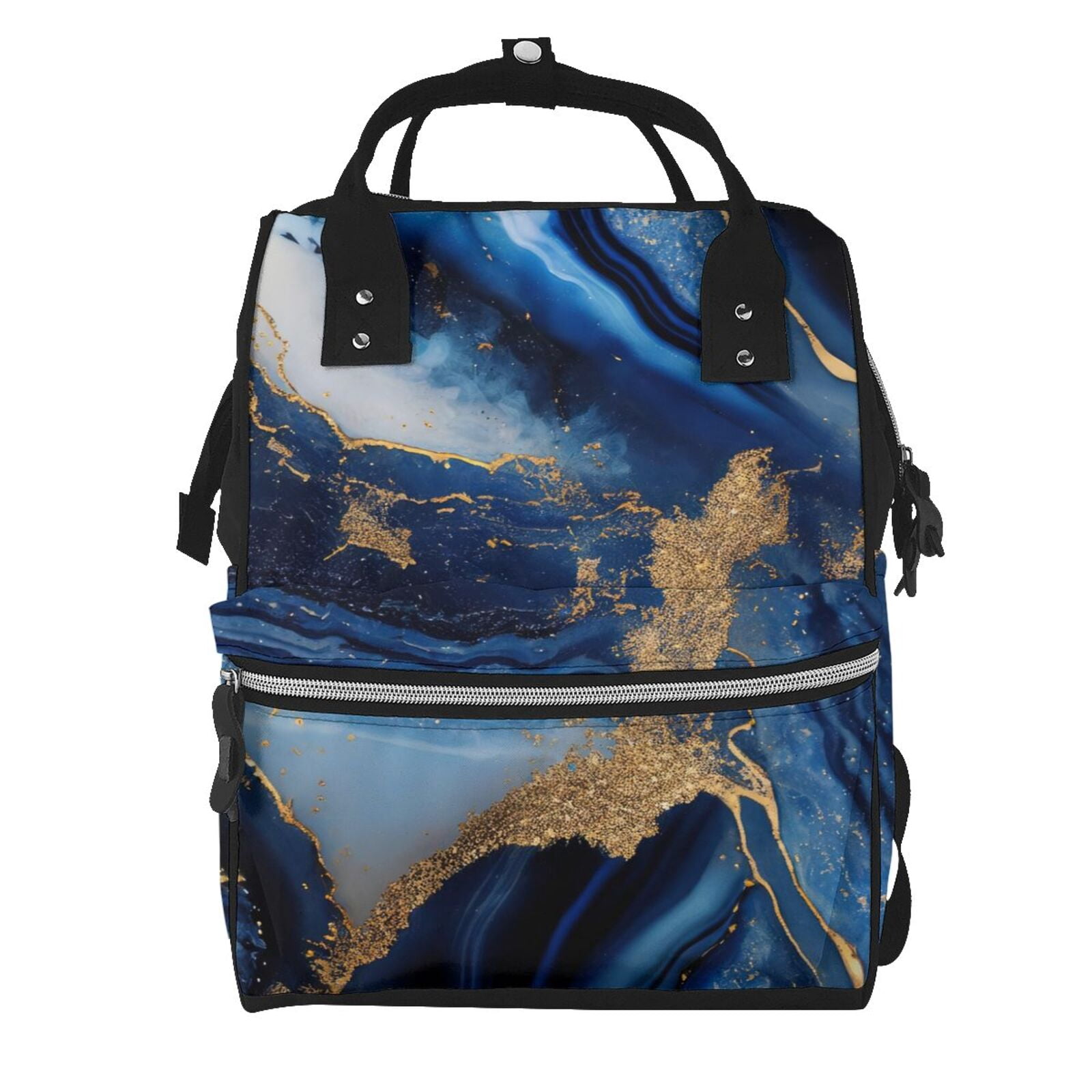 Ratiio Navy Blue Marble Mummy Backpack - Waterproof Twill Canvas, Large Capacity Diaper Bag with Multiple Pockets and Adjustable Straps