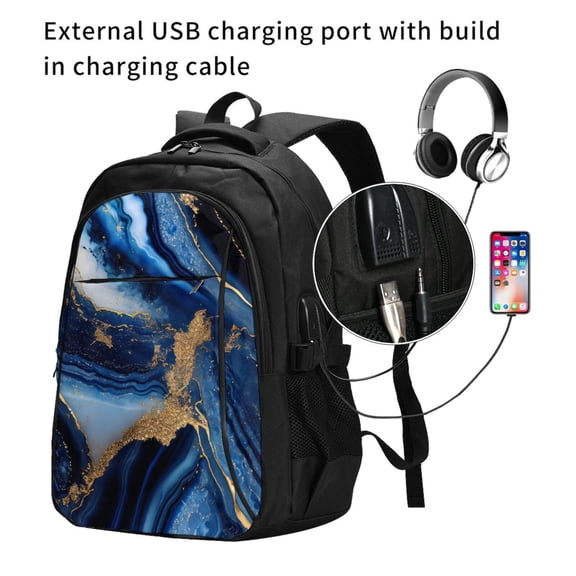 Ratiio Navy Blue Marble Print Travel Laptop Backpack,Slim Sturdy Laptops Backpack with USB Charging Port, Water Resistant College School Computer Bag