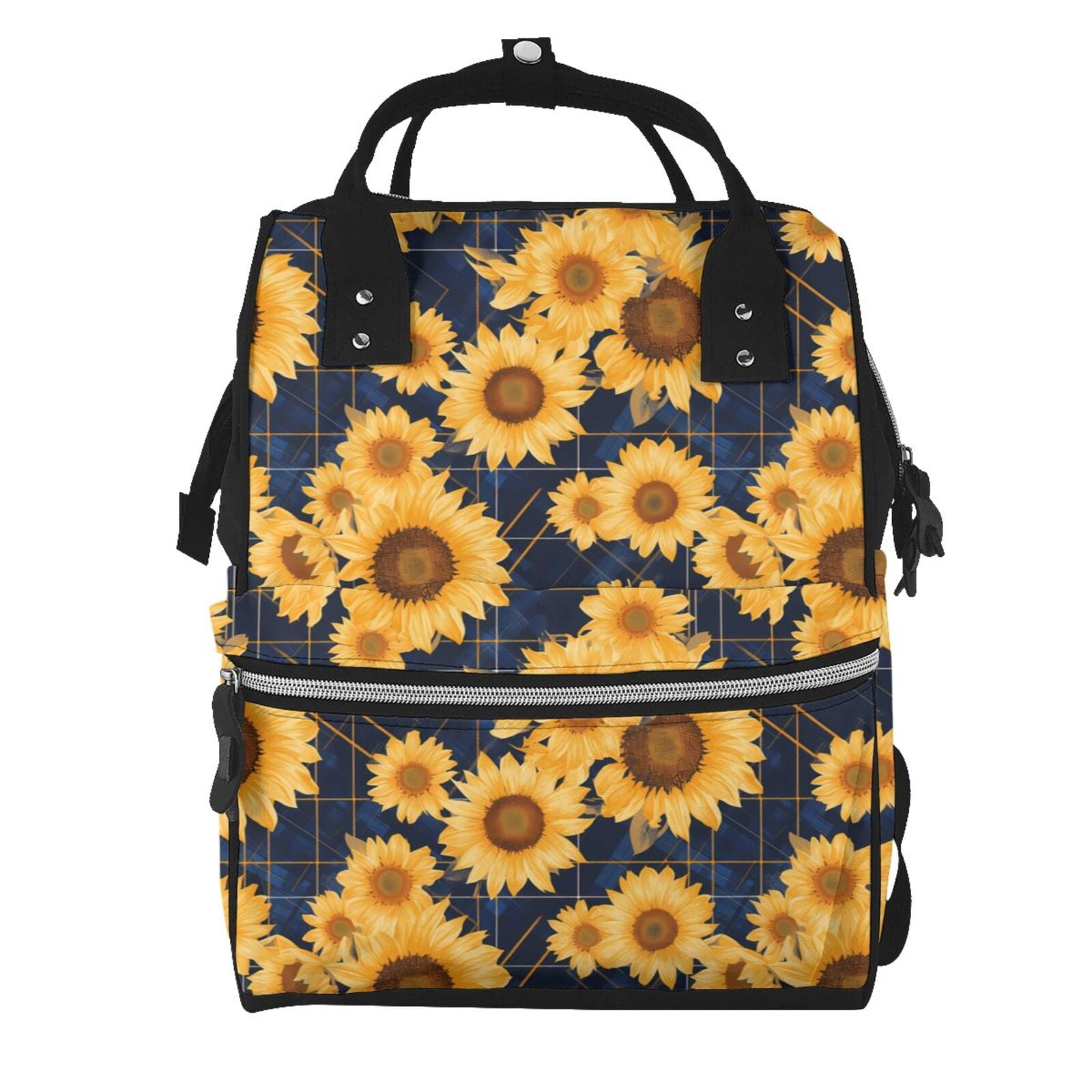 Ratiio Navy Blue Plaid Sunflower Mummy Backpack - Waterproof Twill Canvas, Large Capacity Diaper Bag with Multiple Pockets and Adjustable Straps