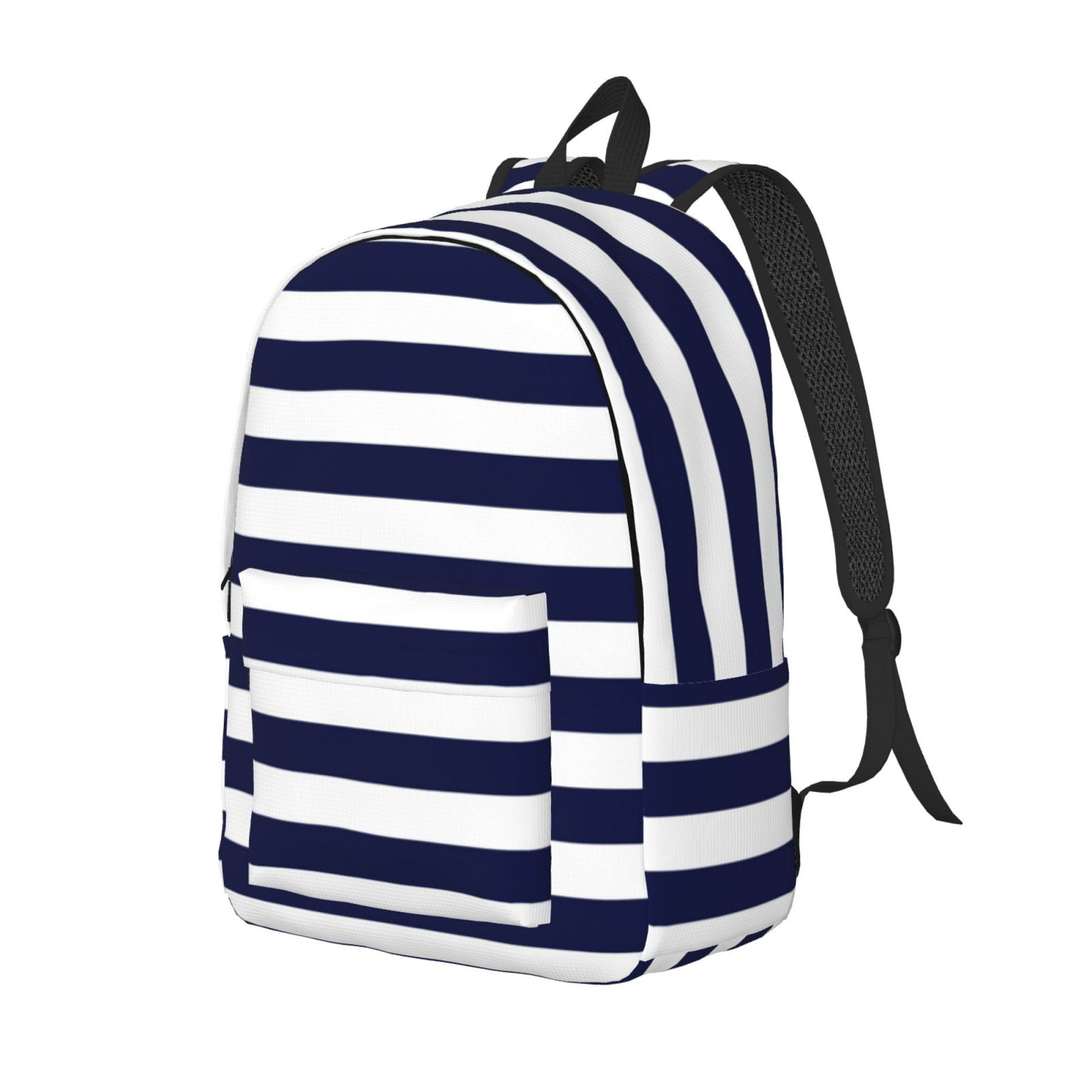 blue and white striped backpack with leather strap Ratiio Navy Blue And White Stripes Print Canvas Backpack for Women & Men  Retro Aesthetic Rucksack Basic Backpack for High School/College Students