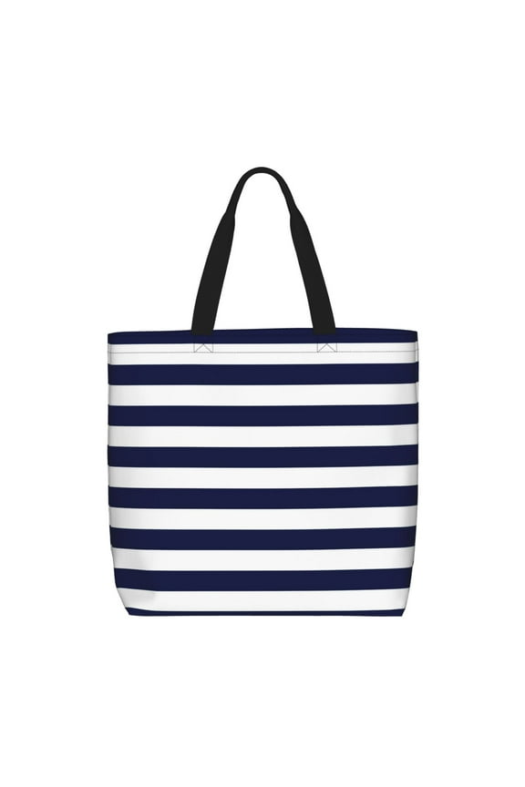 Navy Blue And White Stripes Print Reusable Grocery Bag Shopping Bags with Zipper Shoulder Shopping Handle Bag Suitable for Outdoor Convenient Daily Bag