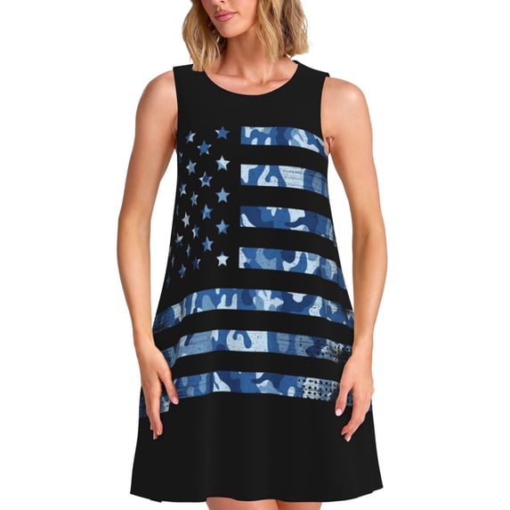 Ratiio Navy Camouflage American Flag Pattern Women's Sleeveless Dress - Casual Summer Dress with Pockets, Above Knee Length, Round Neck, Ideal for Beach, Vacation, Work