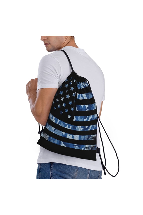 Navy Camouflage American Flag Print Drawstring Backpack Bag Sport Gym Sackpack Heavy Duty String Backpack for Men Women