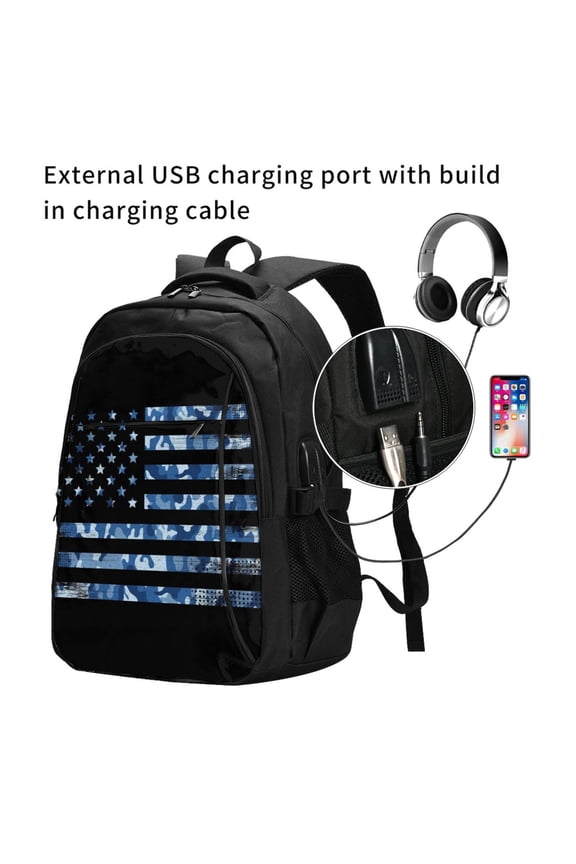 Navy Camouflage American Flag Print Travel Laptop Backpack,Slim Sturdy Laptops Backpack with USB Charging Port, Water Resistant College School Computer Bag