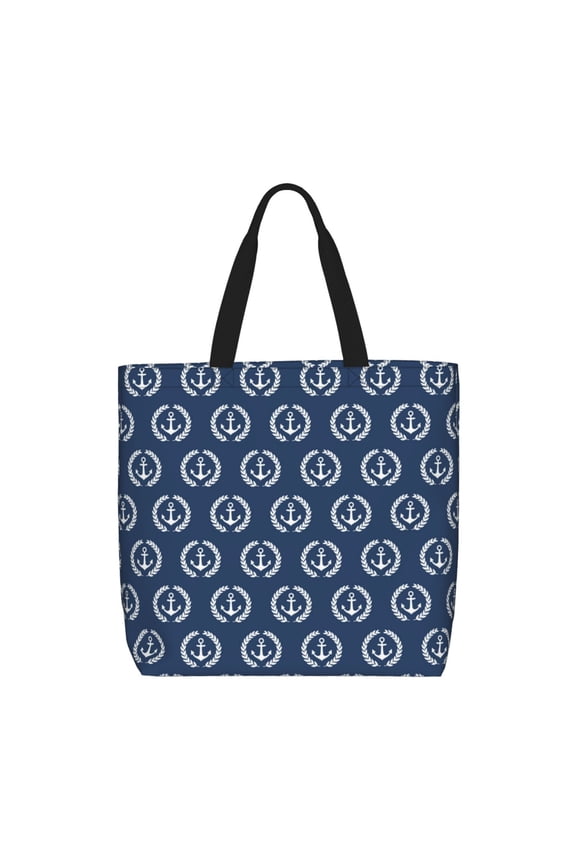 Navy Nautical Print Reusable Grocery Bag Shopping Bags with Zipper Shoulder Shopping Handle Bag Suitable for Outdoor Convenient Daily Bag