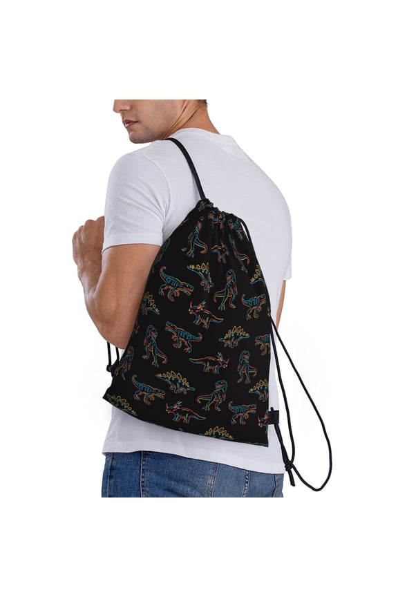 Neon Dinosaur Print Drawstring Backpack Bag Sport Gym Sackpack Heavy Duty String Backpack for Men Women