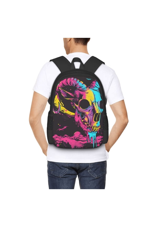 Neon Gothic Skull Moon Backpack for Men and Women - Durable 600D Oxford Cloth -Large Capacity, Water-Resistant School, Travel, and Hiking Bag