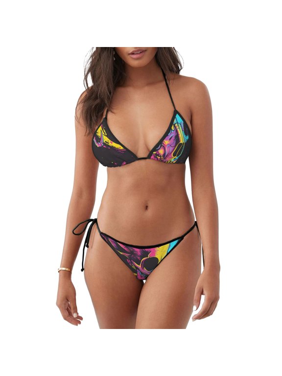 Neon Gothic Skull Moon Pattern Women's Two Piece Bikini Swimsuit - Adjustable Tie Bikini Set Sexy & Comfortable Beach Swimwear